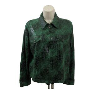Choices Jacket Womens Small Faux Suede Snap Pocket Green Black Snake Pattern Zip